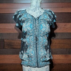 Sonoma Black Blouse with Turquoise and Cream Paisley